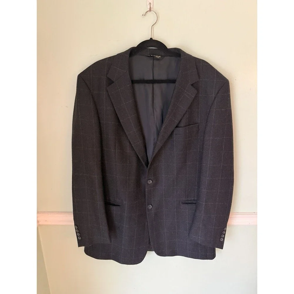 JOS A BANK mens charcoal gray GRID WINDOWPANE wool sport coat jacket blazer 44 L